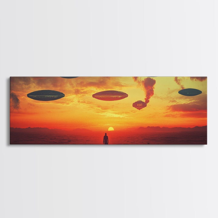 UFO Fleet Over Red Desert Sunset, Lone Traveler In Dystopian Landscape, Sci Fi Wall Art, Futuristic Canvas Print, Space Decor