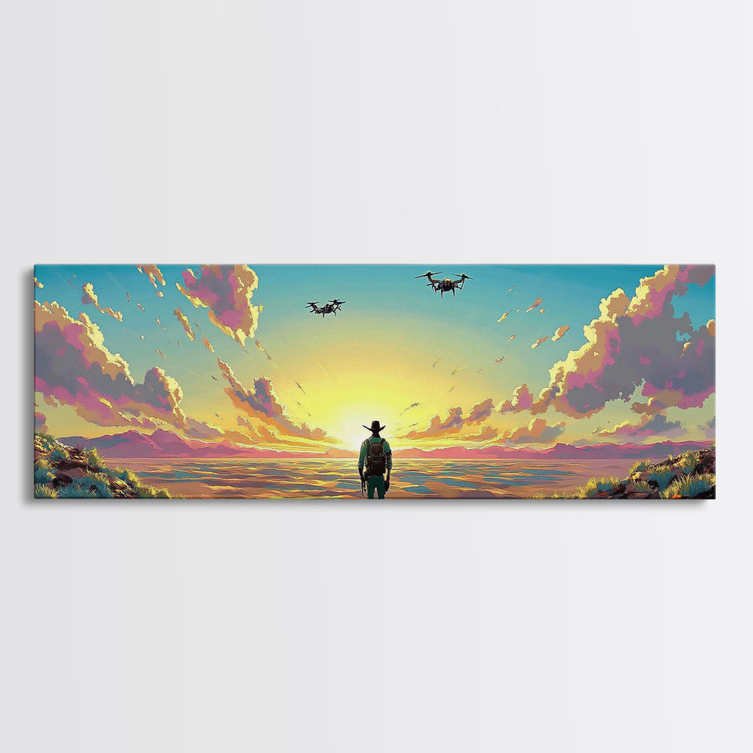 Cowboy Facing Drone Ships At Golden Sunrise, Pink Cloud Meadow Landscape Wall Art, Western Canvas Print, Futuristic Decor