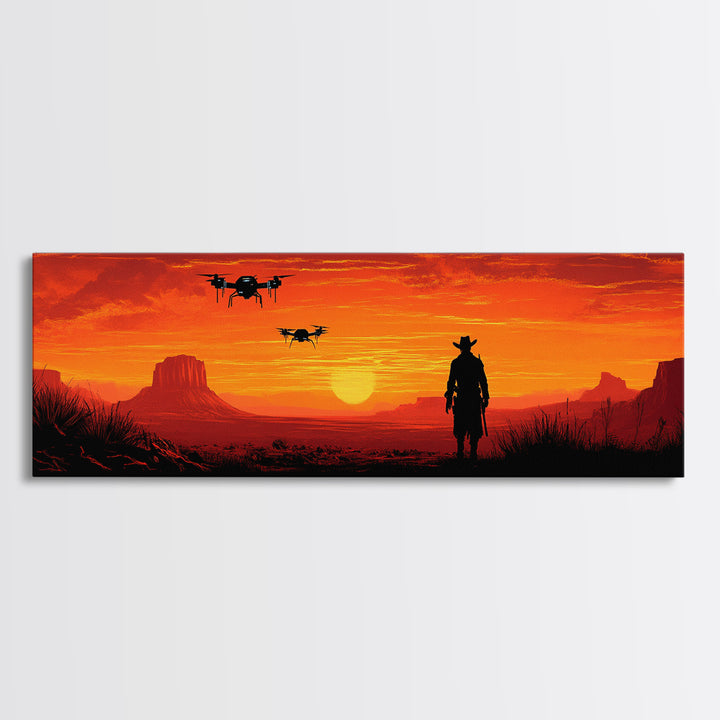 Silhouetted Cowboy With Drones At Orange Desert Sunset, Western Wall Art, Sci Fi Canvas Print, Man Cave Decor, Southwest Art