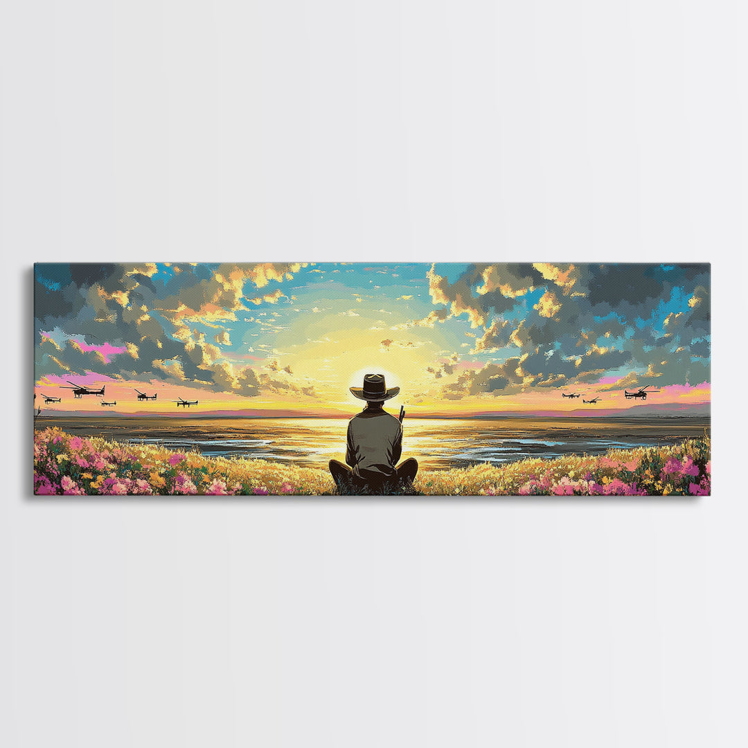 Seated Traveler In Flowered Meadow, Golden Sky Over Wide Valley, Peaceful Wall Art, Landscape Canvas Print, Cozy Home Decor