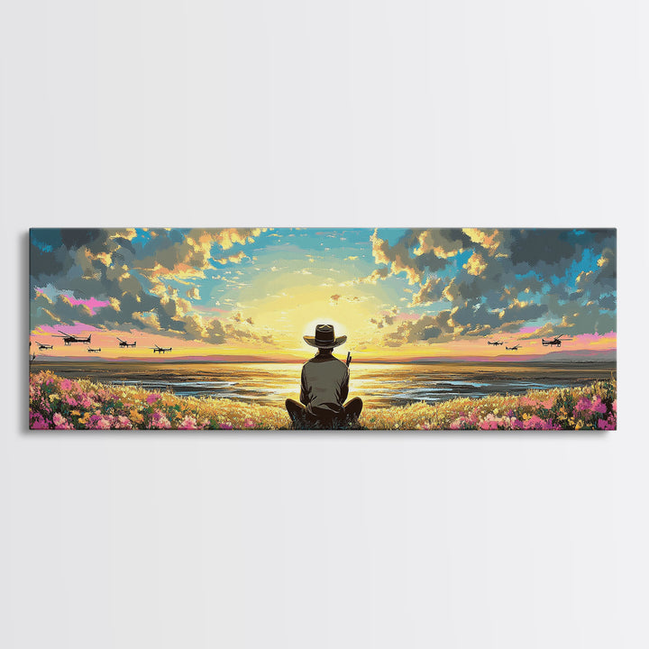 Seated Traveler In Flowered Meadow, Golden Sky Over Wide Valley, Peaceful Wall Art, Landscape Canvas Print, Cozy Home Decor