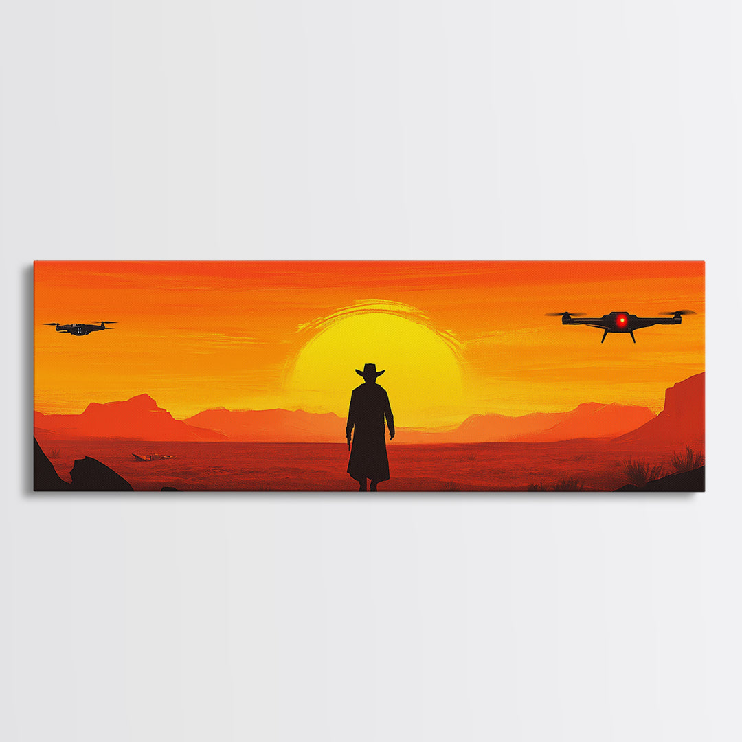 Lone Cowboy And Hovering Drones At Blazing Sun, Red Desert Western Wall Art, Sci Fi Canvas Print, Futuristic Home Decor, Desert Art