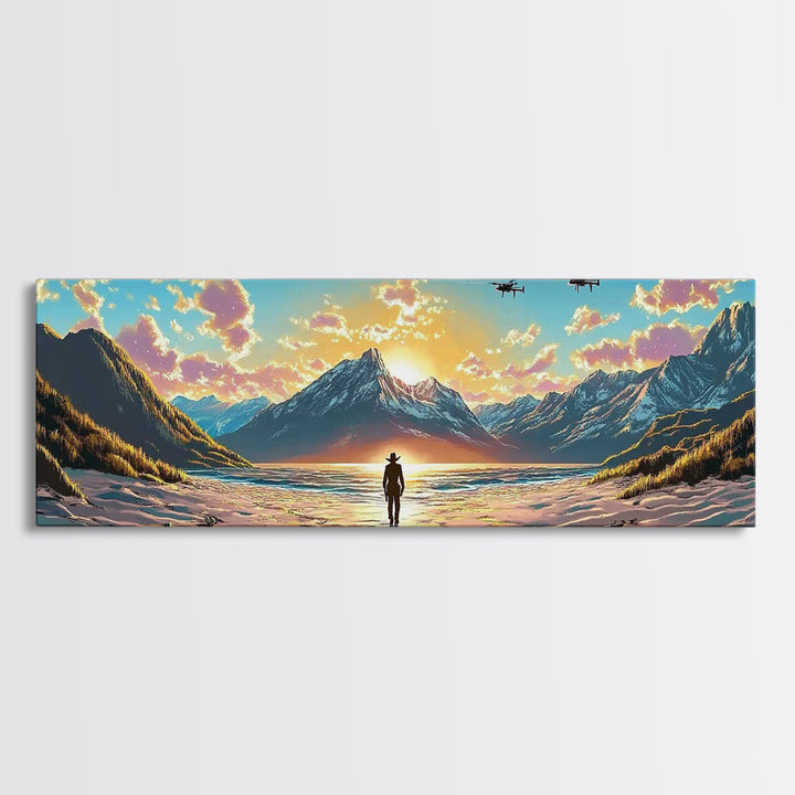 Snowy Alpine Sunset Explorer Wall Art, Panoramic Canvas Print, Mountain Landscape, Sci Fi Decor, Large Living Room Decor
