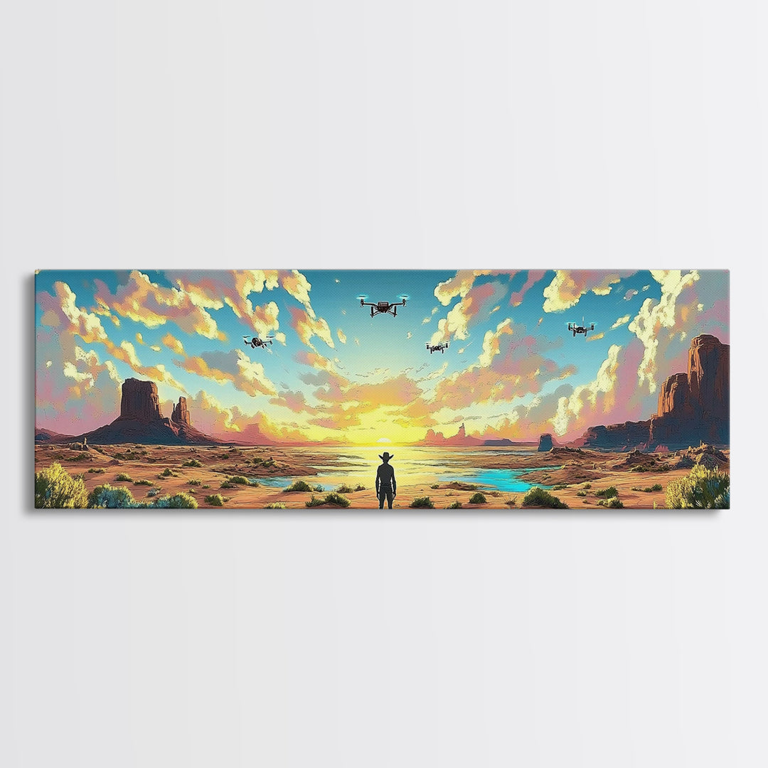 Desert Mesa Cowboy Wall Art, Panoramic Canvas Print, Western Landscape, Southwestern Decor, Large Living Room Wall Decor