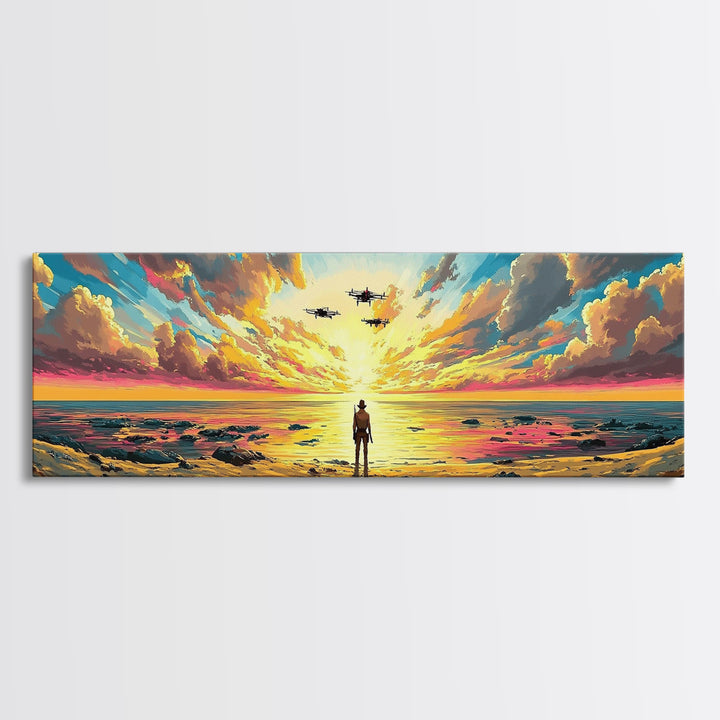 Radiant Ocean Sunset Explorer Wall Art, Panoramic Canvas Print, Coastal Seascape Art, Beach House Decor, Large Wall Decor