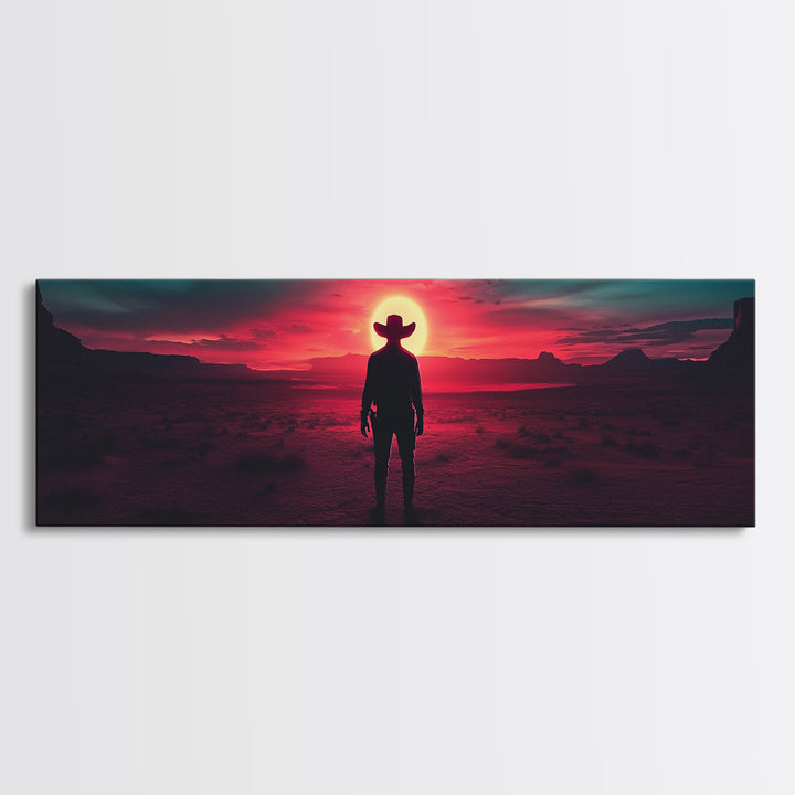 Crimson Desert Cowboy Silhouette Wall Art, Framed Canvas Print, Western Decor, Moody Landscape, Large Man Cave Wall Decor