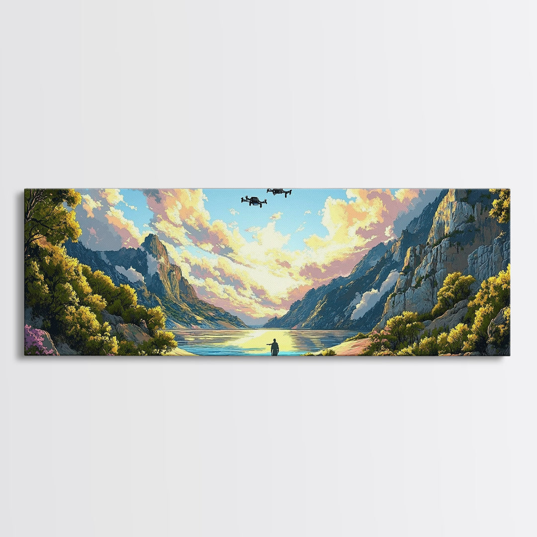 Verdant Mountain Lake Explorer Wall Art, Panoramic Canvas Print, Nature Landscape Art, Japandi Decor, Large Home Wall Decor