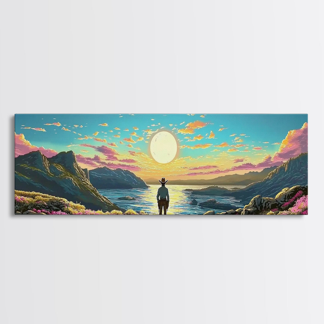 Full Moon Coastal Cowboy Wall Art, Panoramic Canvas Print, Ocean Landscape Art, Western Decor, Large Bedroom Wall Decor