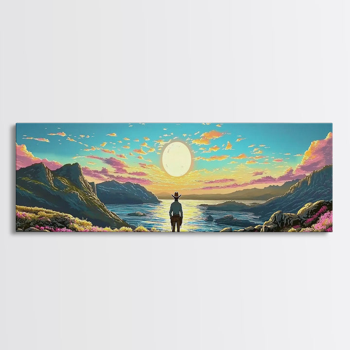 Full Moon Coastal Cowboy Wall Art, Panoramic Canvas Print, Ocean Landscape Art, Western Decor, Large Bedroom Wall Decor