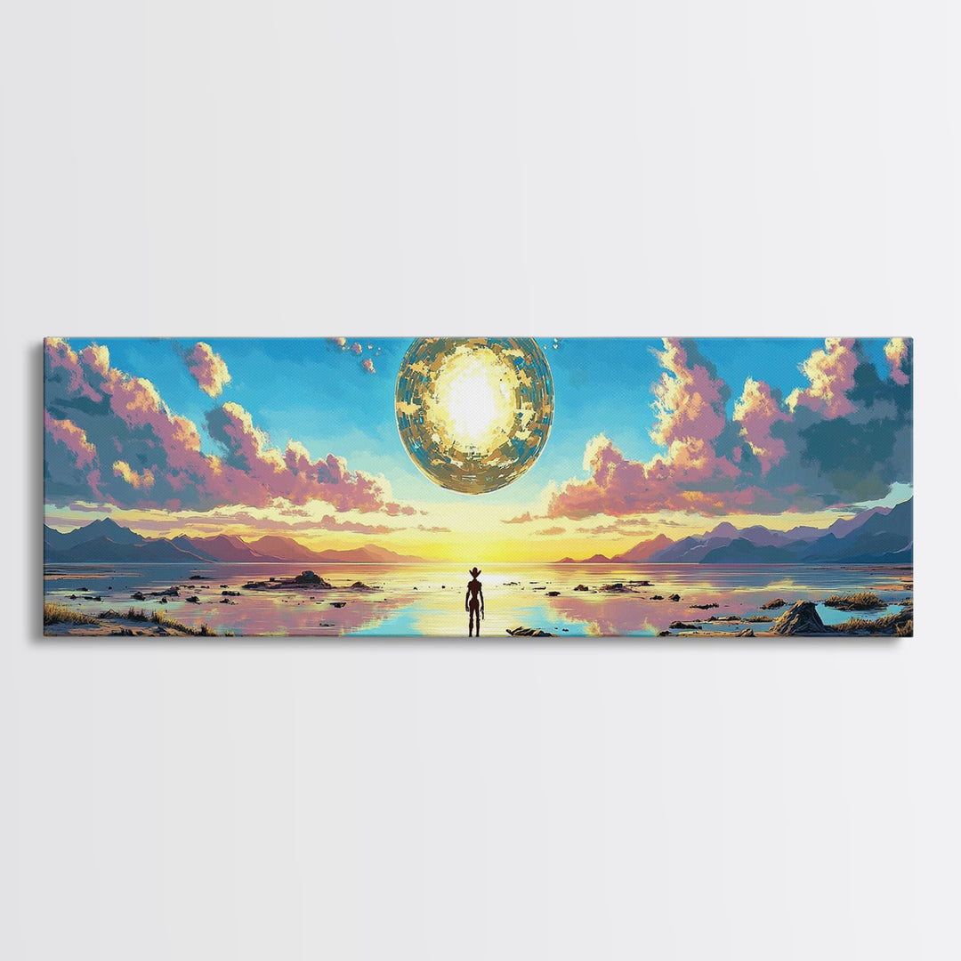 Golden Celestial Orb Wall Art, Panoramic Canvas Print, Modern Sci Fi Landscape, Surreal Art, Large Living Room Wall Decor