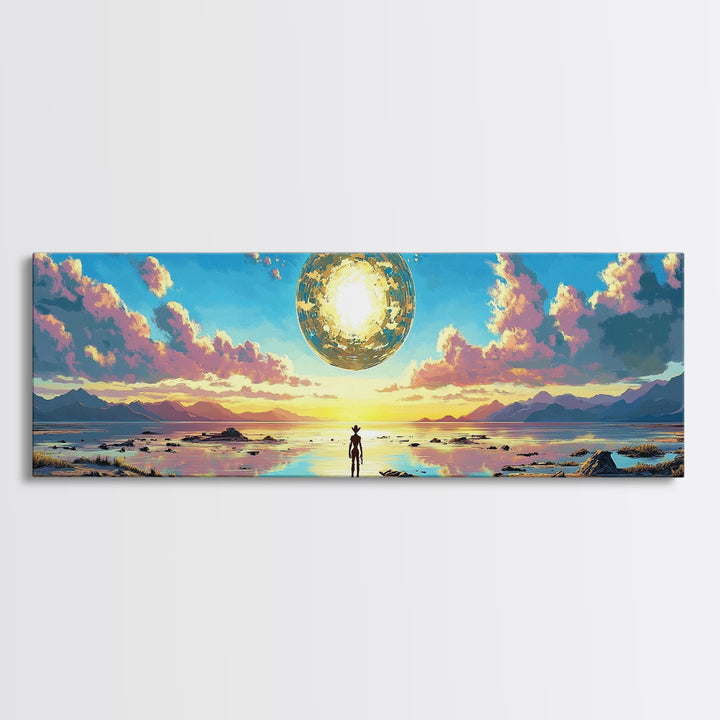 Golden Celestial Orb Wall Art, Panoramic Canvas Print, Modern Sci Fi Landscape, Surreal Art, Large Living Room Wall Decor