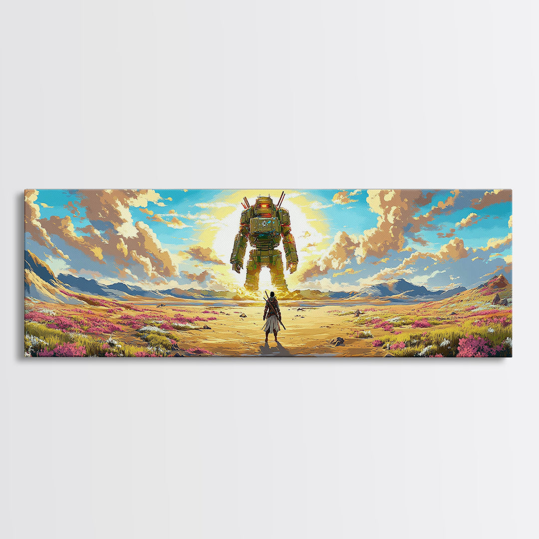 Colossal Mech And Wanderer Wall Art, Panoramic Canvas Print, Futuristic Landscape, Sci Fi Decor, Large Gaming Room Decor