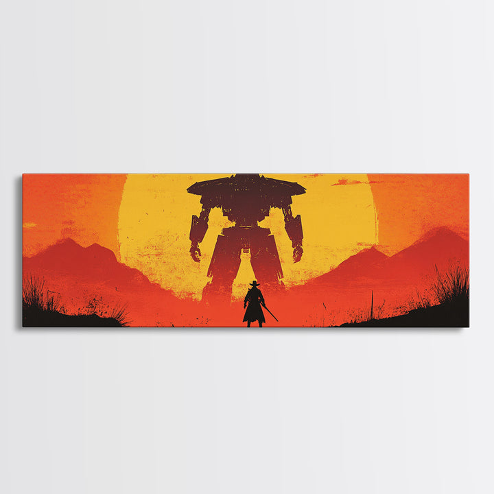 Samurai Facing Giant Mech At Orange Sunset Wall Art, Retro Sci Fi Fantasy Poster, Gaming Room Decor, Futuristic Canvas Print