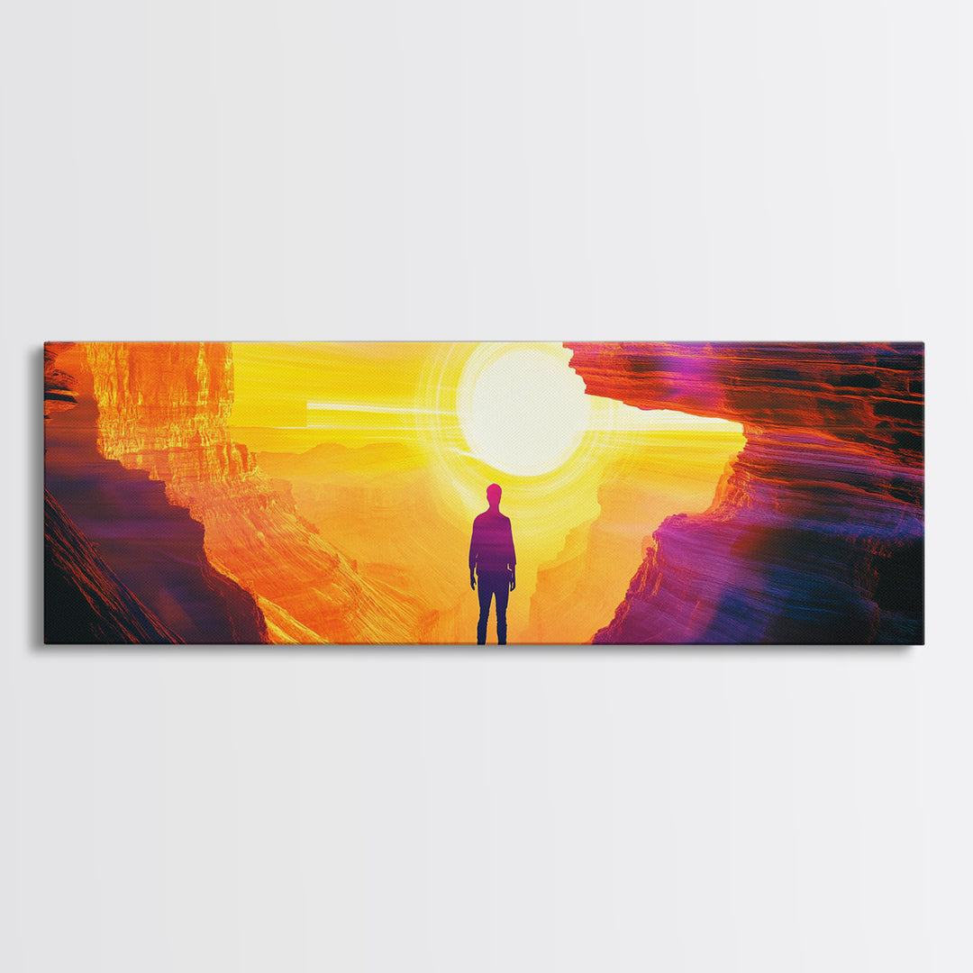 Lone Figure In Glowing Canyon Portal Canvas Print, Abstract Desert Landscape Wall Art, Modern Sci Fi Home Decor, Oversized Living Room Decor