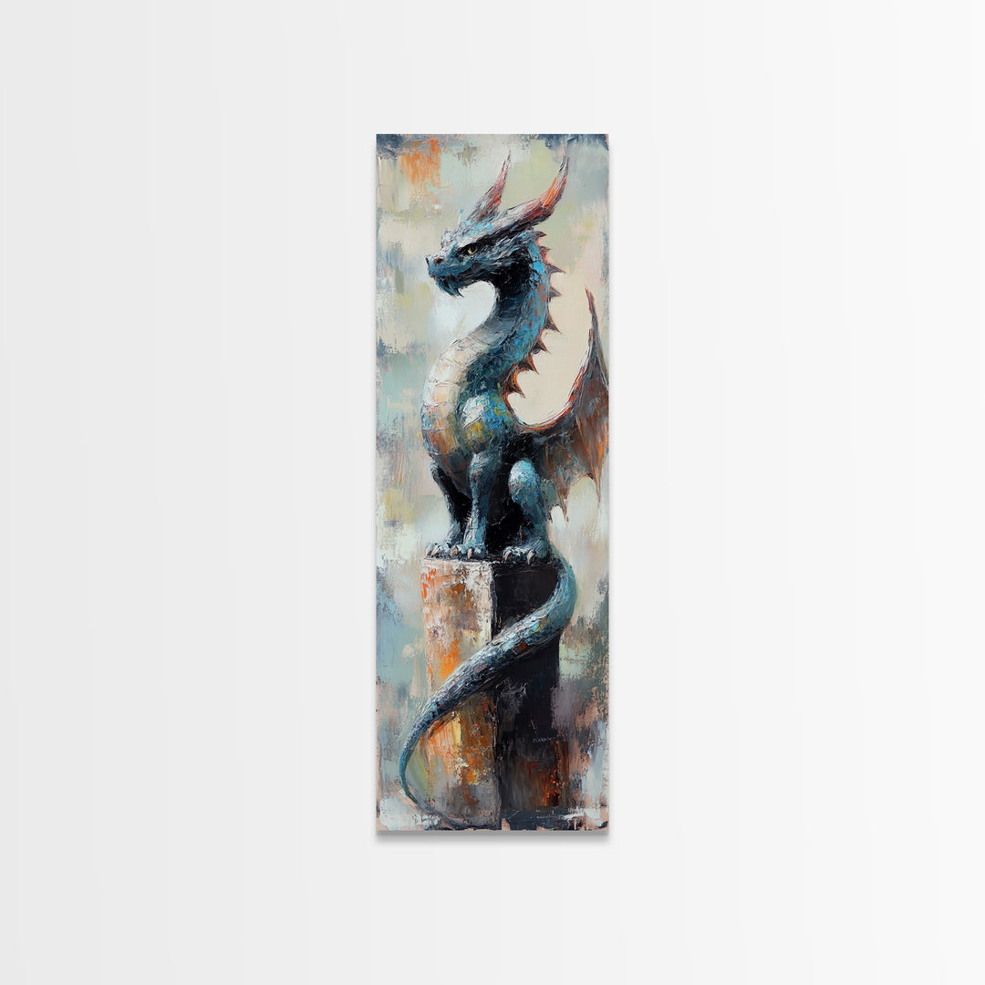 Blue Dragon Statue Canvas Print, Fantasy Wall Art, Gothic Fairy Tale Decor, Mythical Creature Art, Unique Gift For Gamer