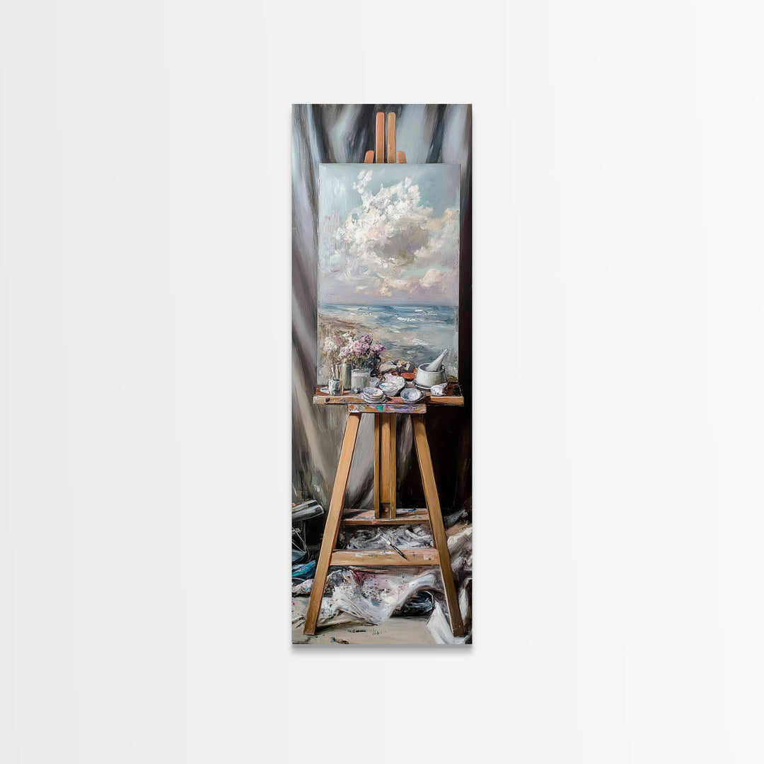 Seascape Painting On Studio Easel Framed Canvas Print, Coastal Wall Art, Artist Gift, Ocean Decor, Art Studio Home Decor