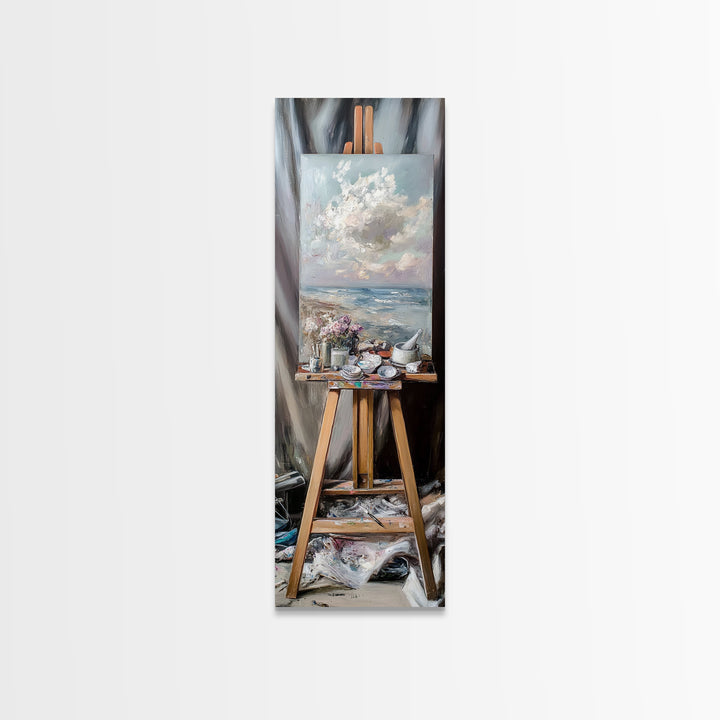 Seascape Painting On Studio Easel Framed Canvas Print, Coastal Wall Art, Artist Gift, Ocean Decor, Art Studio Home Decor