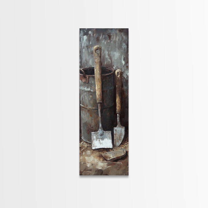 Rustic Shovels In Metal Bucket Canvas Print, Farmhouse Wall Decor, Garden Tool Still Life, Industrial Office Decor Gift For Him