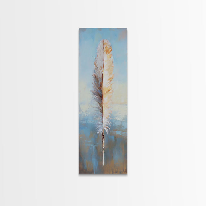 Single White Feather On Blue Horizon Wall Art, Minimalist Coastal Decor, Boho Nature Art Print, Calming Bedroom Decor Gift