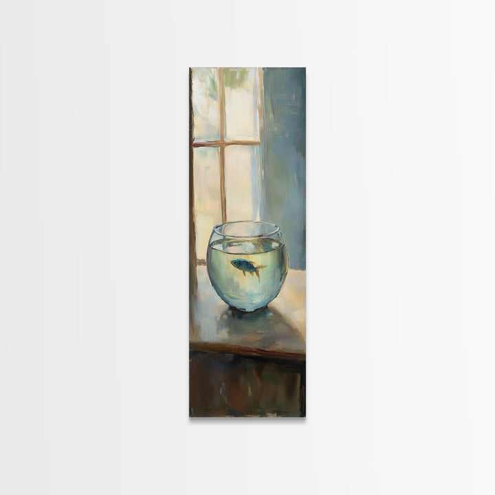 Goldfish Bowl By Window Canvas Print, Whimsical Animal Wall Art, Coastal Bathroom Decor, Kids Room Art, Unique Gift, Fish Painting