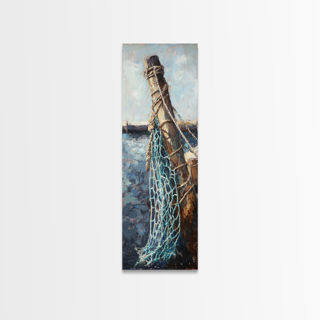 Weathered Dock Piling And Fishing Net Wall Art, Nautical Coastal Decor, Ocean Painting, Beach House Decor, Gift For Him, Lake House Art
