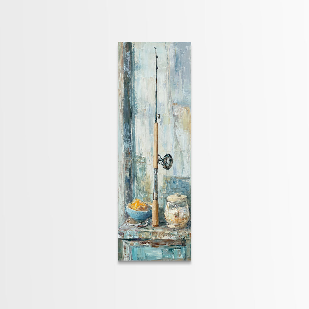 Fishing Rod Still Life Canvas Print, Rustic Lake House Wall Art, Cabin Decor, Angler Gift, Coastal Fishing Poster For Him