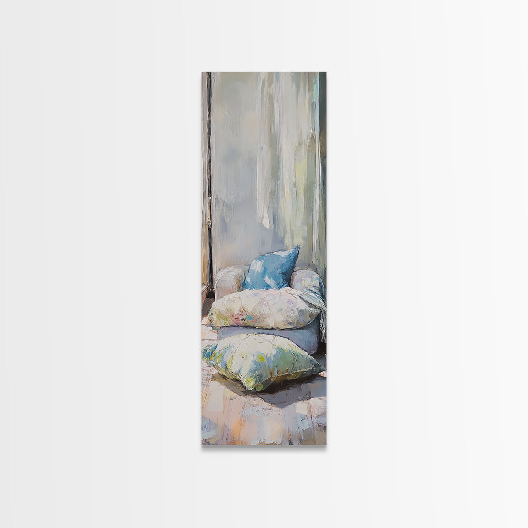 Cozy Window Pillows Framed Canvas Print, Soft Neutral Wall Art, Bedroom Decor, Above Bed Art, Guest Room Decor Gift For Her