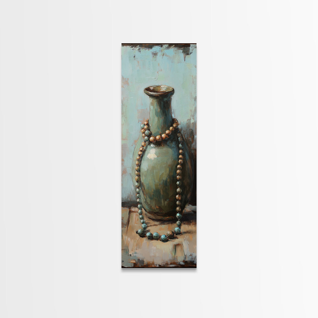 Turquoise Ceramic Vase With Beaded Necklace Canvas Print, Boho Wall Art, Still Life Painting, Eclectic Home Decor Gift For Her