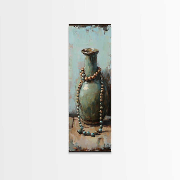 Turquoise Ceramic Vase With Beaded Necklace Canvas Print, Boho Wall Art, Still Life Painting, Eclectic Home Decor Gift For Her