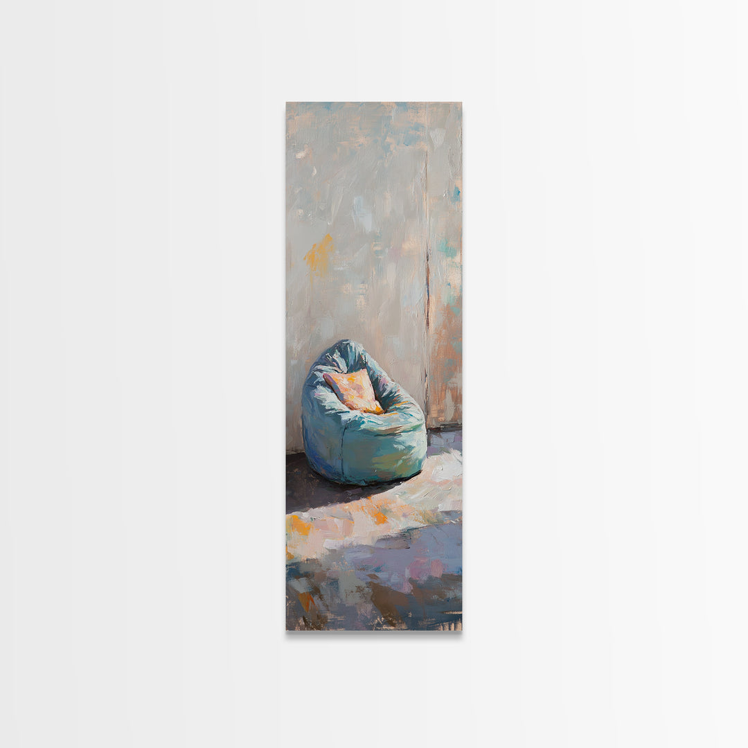 Blue Bean Bag Chair With Pillow Canvas Print, Modern Wall Art, Minimalist Room Decor, Apartment Decor, Cozy Bedroom Wall Art
