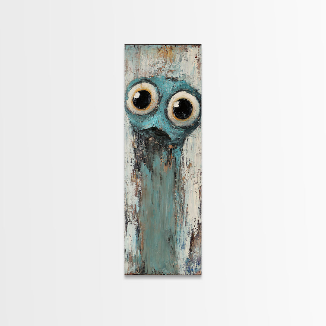 Wide Eyed Blue Owl Portrait Canvas Print, Whimsical Animal Wall Art, Quirky Nursery Decor, Funny Bird Gift For Kids Room Decor