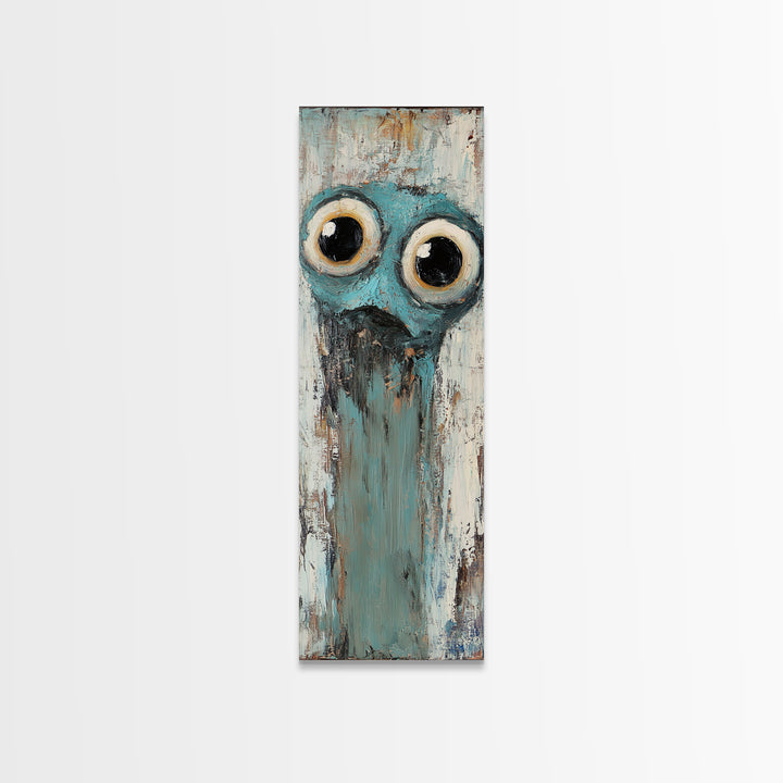 Wide Eyed Blue Owl Portrait Canvas Print, Whimsical Animal Wall Art, Quirky Nursery Decor, Funny Bird Gift For Kids Room Decor