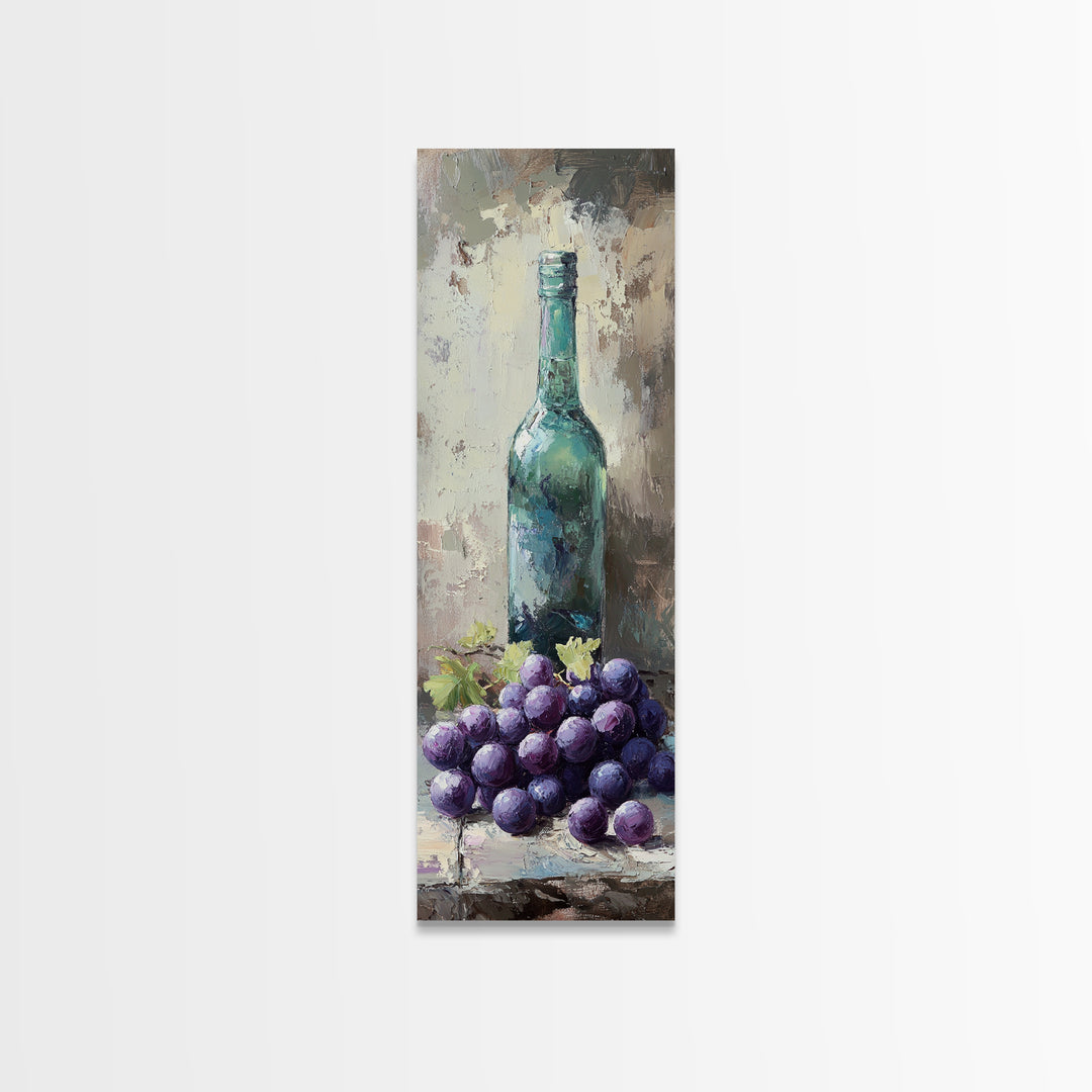 Teal Wine Bottle With Purple Grapes Canvas Print, Winery Wall Art, Rustic Kitchen Decor, Still Life Art For Dining Room Decor