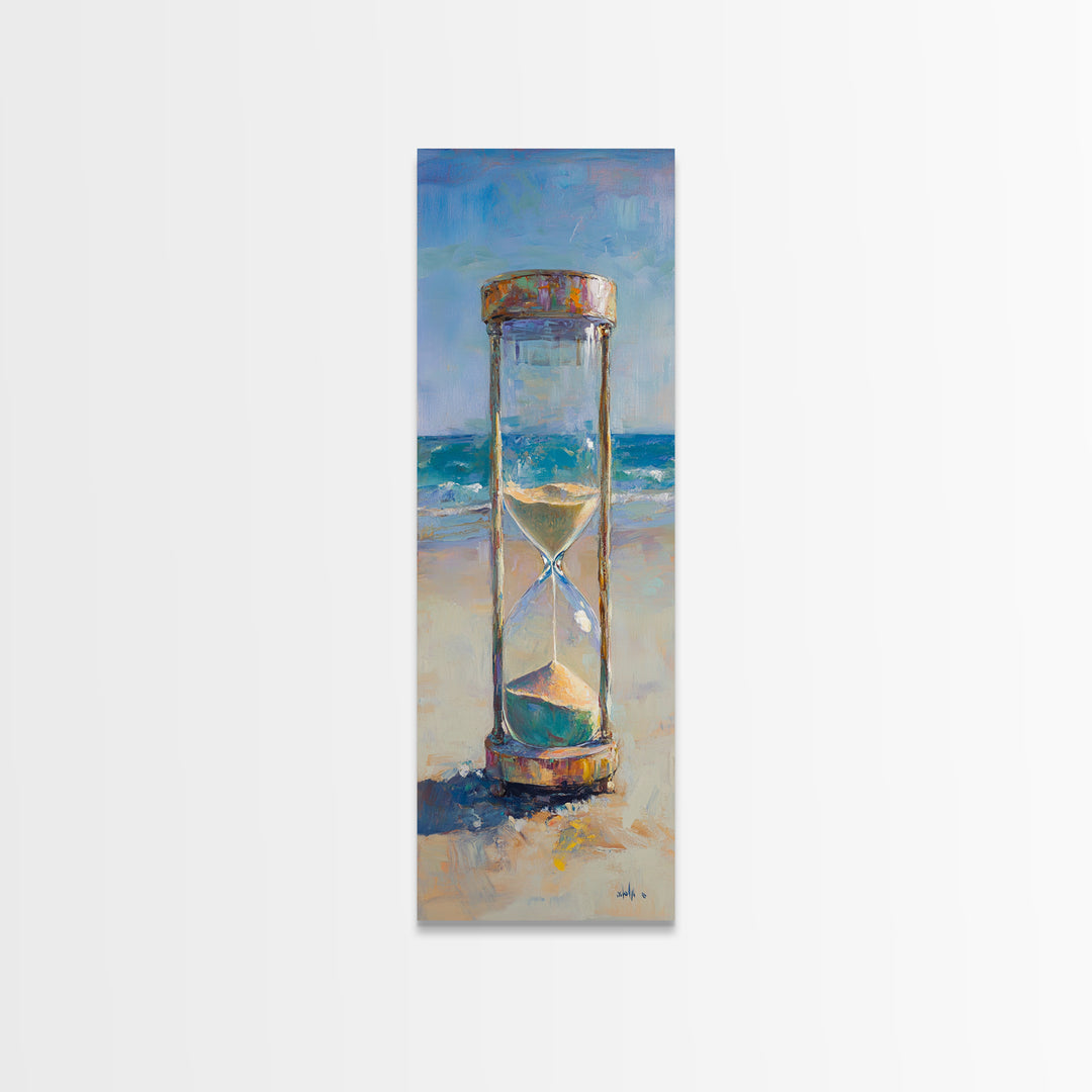 Beach Hourglass On Sandy Shore Canvas Print, Coastal Oil Painting, Nautical Ocean Wall Decor For Beach House Living Room