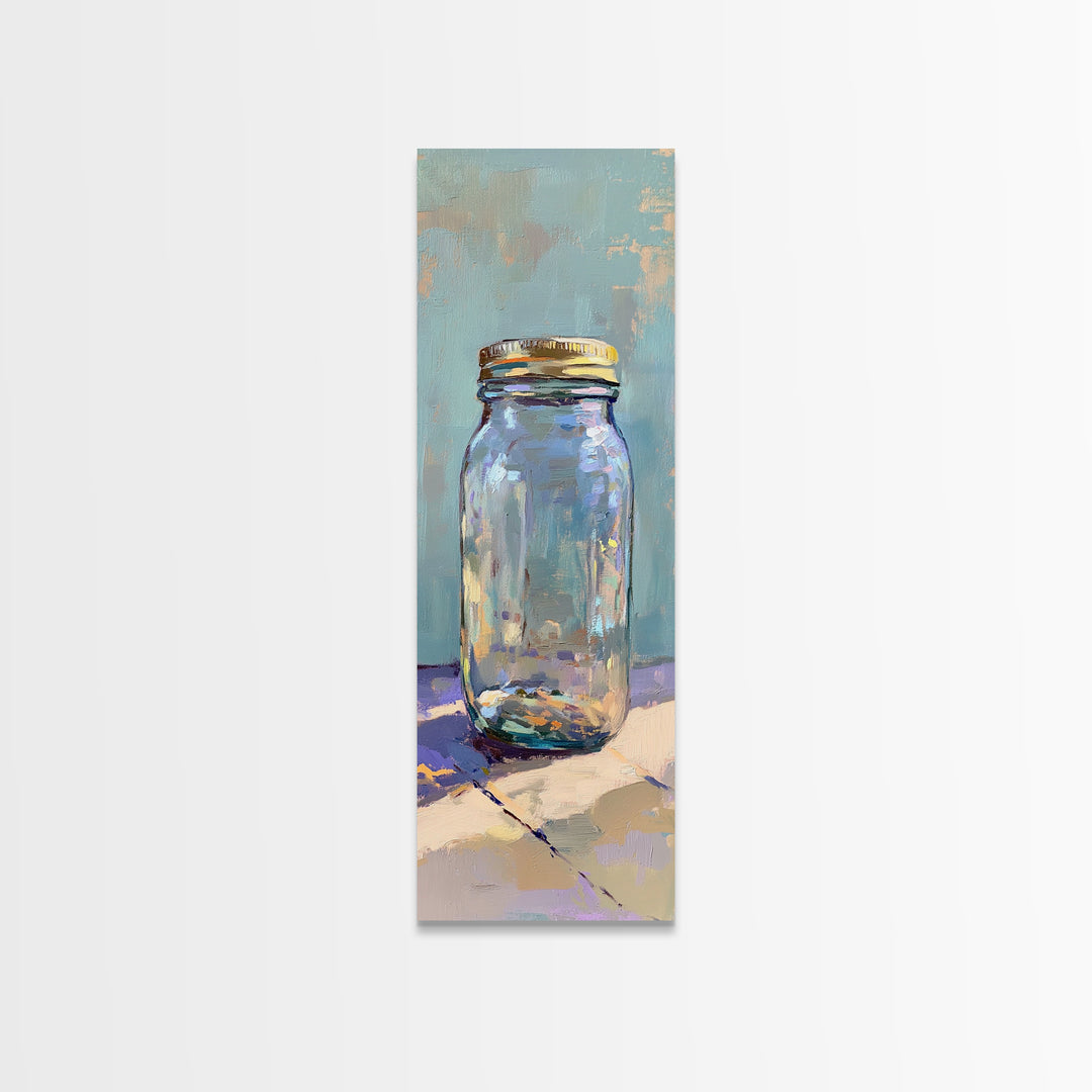 Clear Mason Jar On Blue Table Wall Art, Modern Rustic Still Life Oil Painting Print, Minimal Farmhouse Kitchen Home Decor Gift