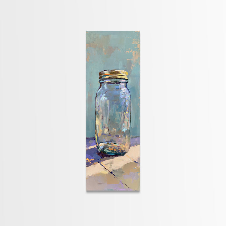 Clear Mason Jar On Blue Table Wall Art, Modern Rustic Still Life Oil Painting Print, Minimal Farmhouse Kitchen Home Decor Gift