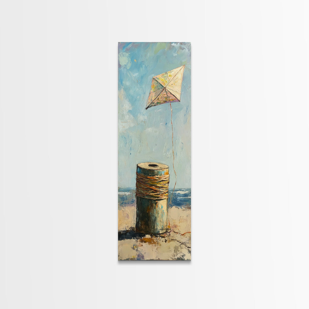 Weathered Spool And Kite Wall Art, Coastal Canvas Print, Beach House Decor, Nautical Wall Decor, Whimsical Ocean Art Print