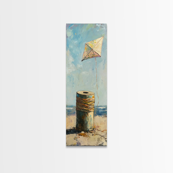 Weathered Spool And Kite Wall Art, Coastal Canvas Print, Beach House Decor, Nautical Wall Decor, Whimsical Ocean Art Print