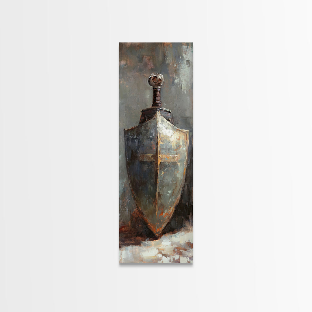 Medieval Shield And Sword Wall Art, Dark Academia Canvas Print, Rustic Gothic Decor, Fantasy Armor Painting, Masculine Office Art