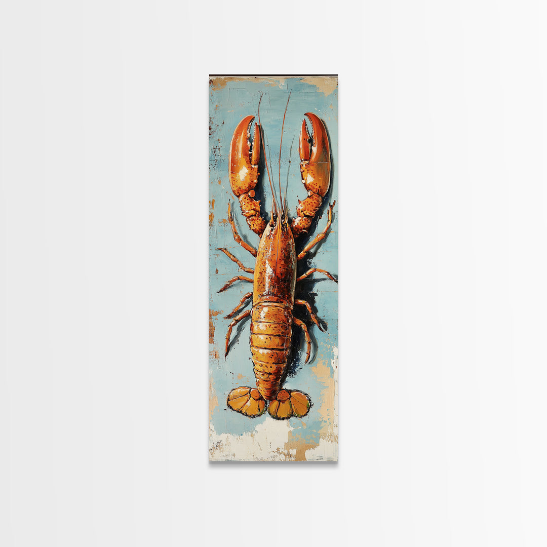 Orange Lobster On Weathered Blue Wall Art, Coastal Kitchen Decor, Nautical Canvas Print, Seafood Wall Decor, Beach House Gift