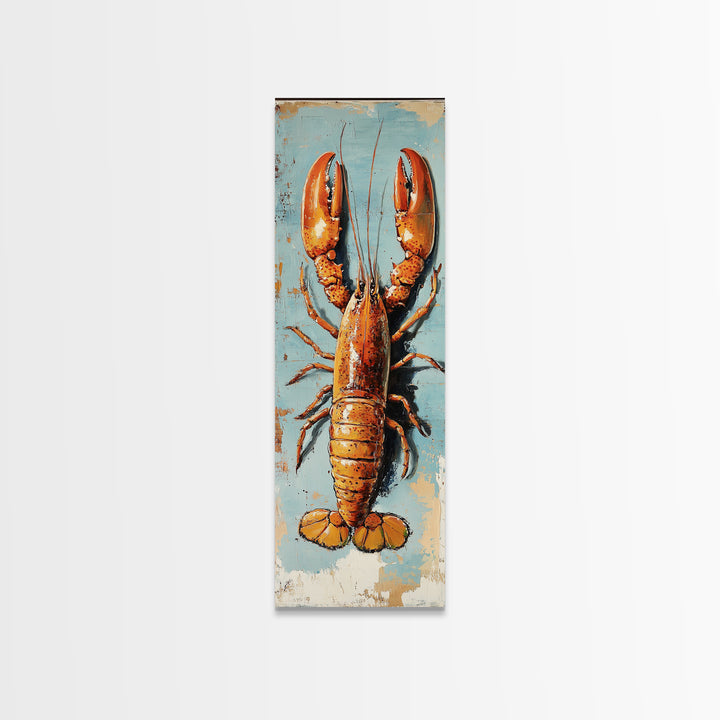 Orange Lobster On Weathered Blue Wall Art, Coastal Kitchen Decor, Nautical Canvas Print, Seafood Wall Decor, Beach House Gift