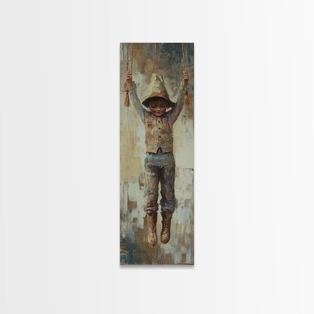 Hooded Child On Swing Wall Art, Whimsical Canvas Print, Nursery Decor, Kids Room Art, Storybook Gift, Playroom Decor For Children