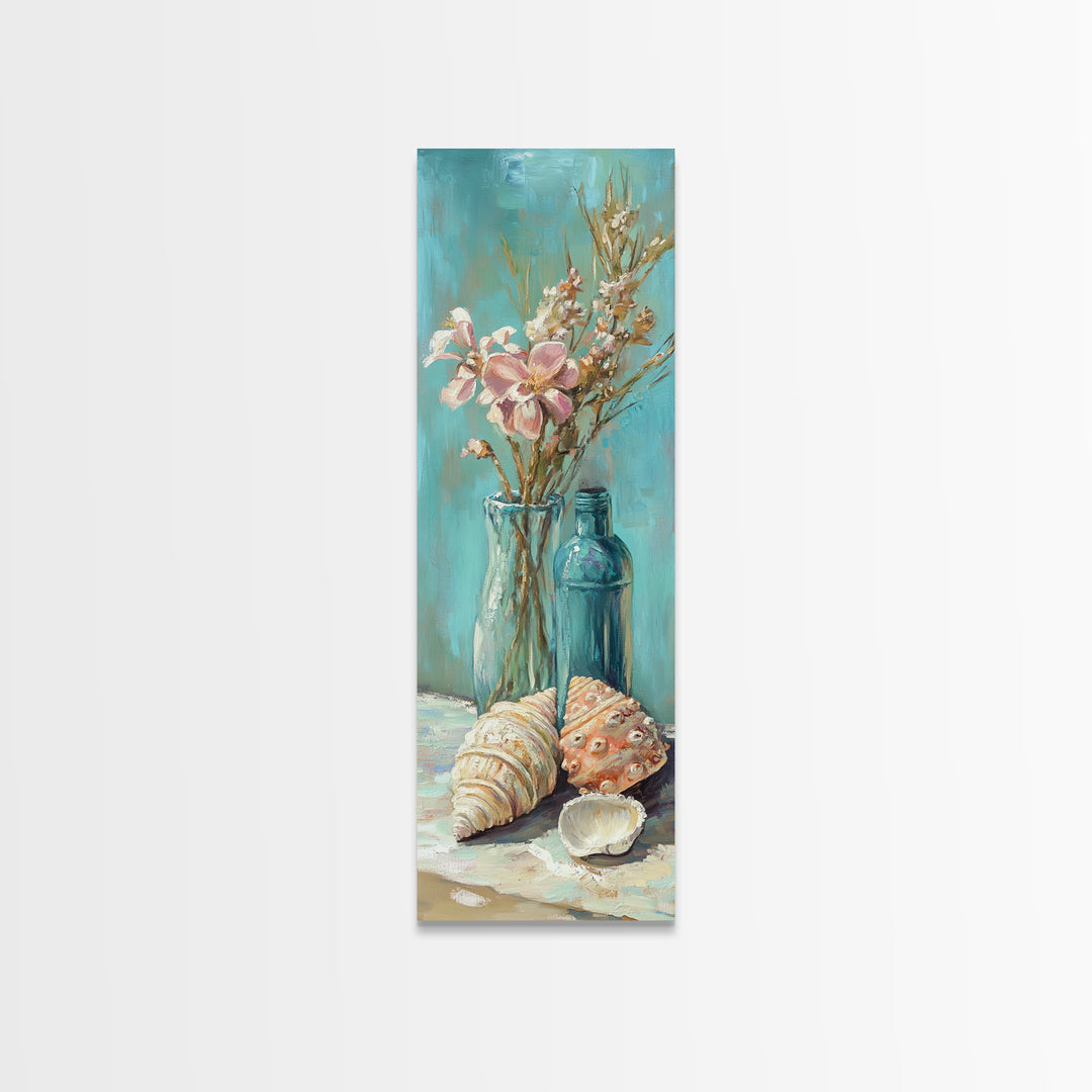 Coastal Seashells And Blue Bottles Wall Art, Beach Canvas Print, Nautical Decor, Ocean Wall Art, Beach House Gift For Her
