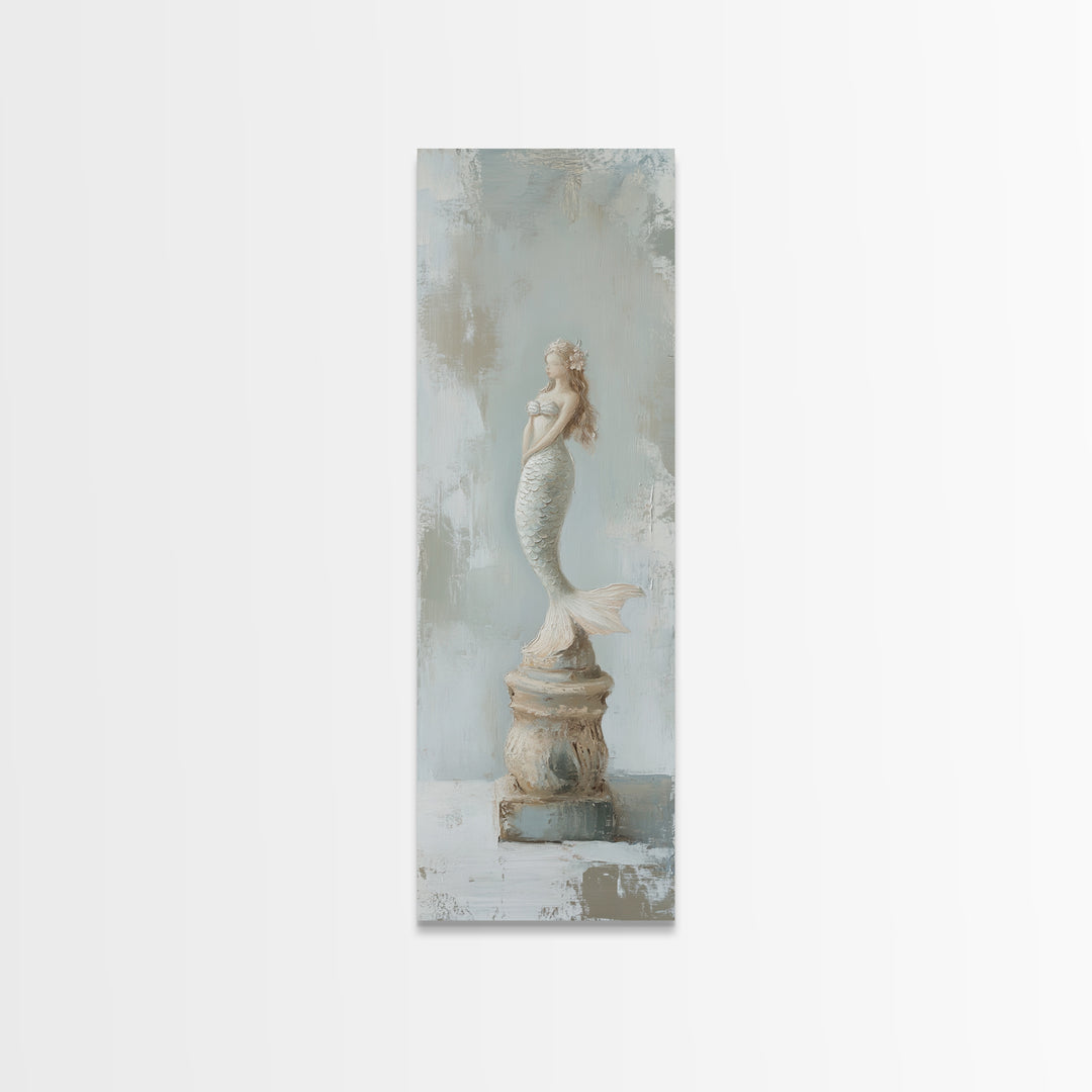 White Mermaid Statue Coastal Wall Art, Nautical Bathroom Canvas Print, Beach House Decor, Feminine Fantasy Gift For Her Home