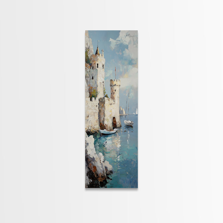Seaside Castle With Sailboats Canvas Print, Coastal Wall Art, Mediterranean Decor, Lake Como Art, Nautical Living Room Decor