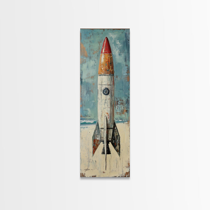 Retro Red Rocket Ship Canvas Print, Space Wall Art, Futuristic Wall Decor, Kids Room Decor, Sci Fi Nursery Art Gift For Boys