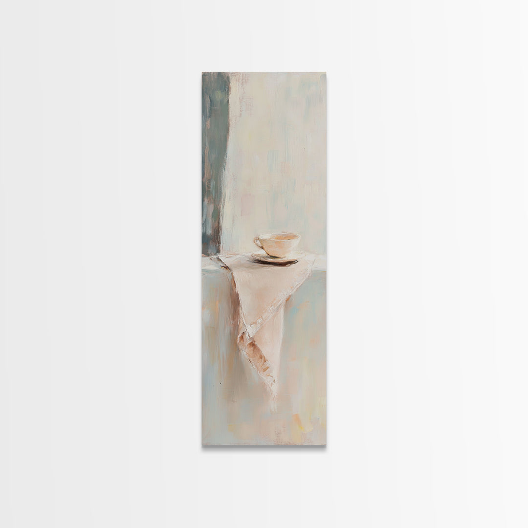 Minimalist Teacup On Linen Shelf Wall Art, Neutral Kitchen Decor, Coffee Bar Art Print, Japandi Canvas Print, Gift For Her