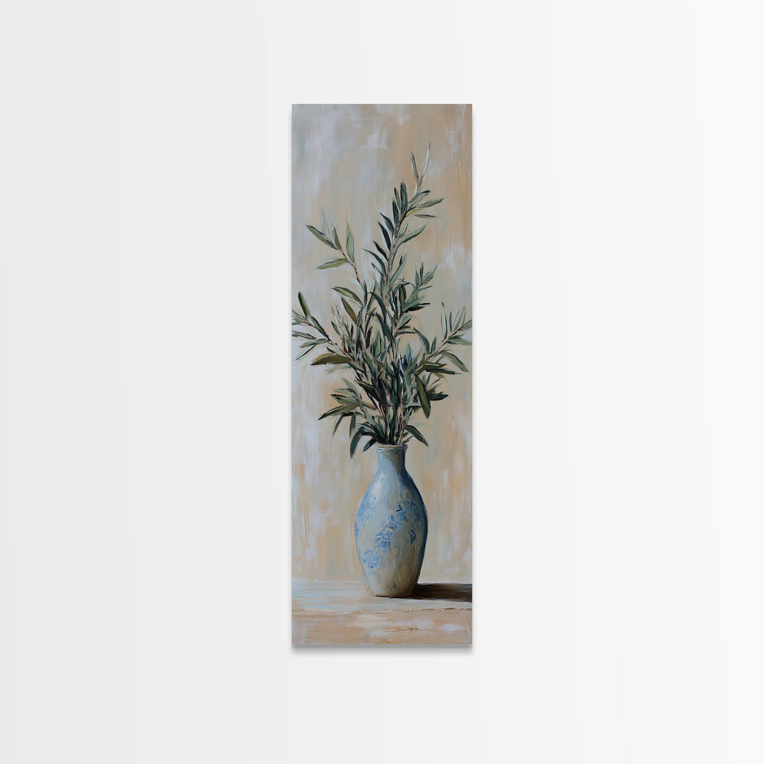 Olive Branches In Blue Vase Framed Canvas Print, Botanical Wall Art, Neutral Wall Decor, Mediterranean Home Decor Gift For Her