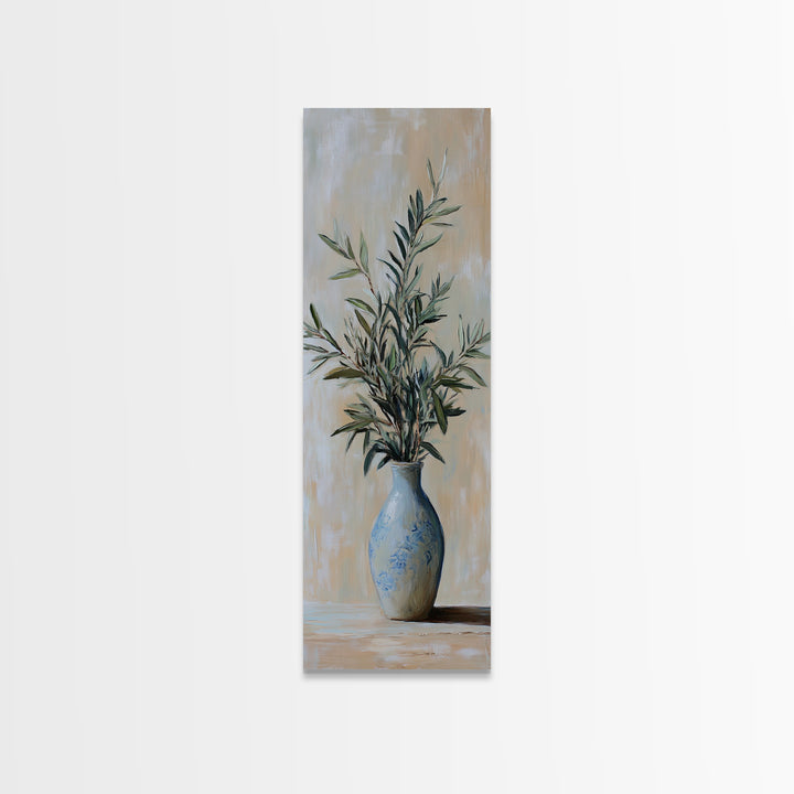 Olive Branches In Blue Vase Framed Canvas Print, Botanical Wall Art, Neutral Wall Decor, Mediterranean Home Decor Gift For Her