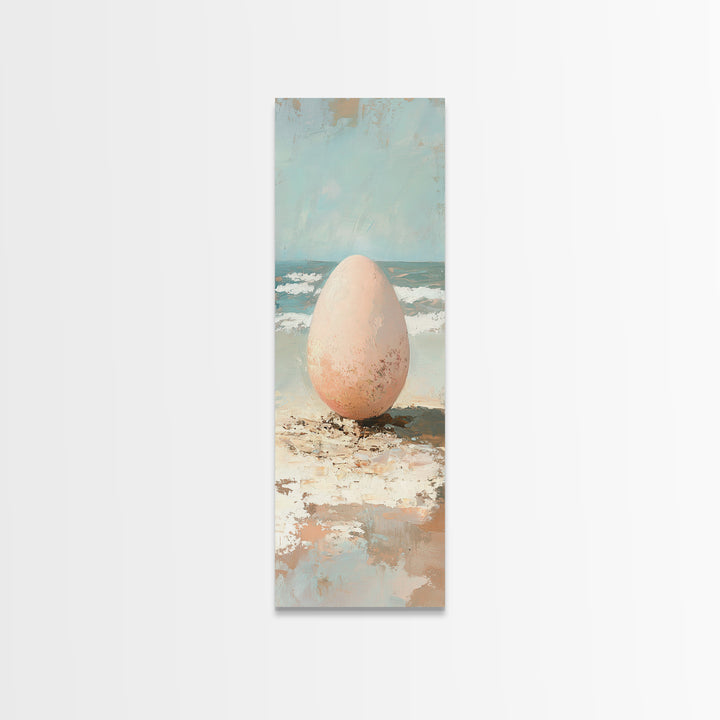 Speckled Egg On Sandy Beach Canvas Print, Surreal Coastal Wall Art For Beach House Decor, Ocean Wall Decor And Unique Gift
